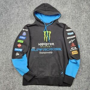 Monster Energy Hoodie Sweatshirt Mens Small Black Blue AMA Supercross Graphic